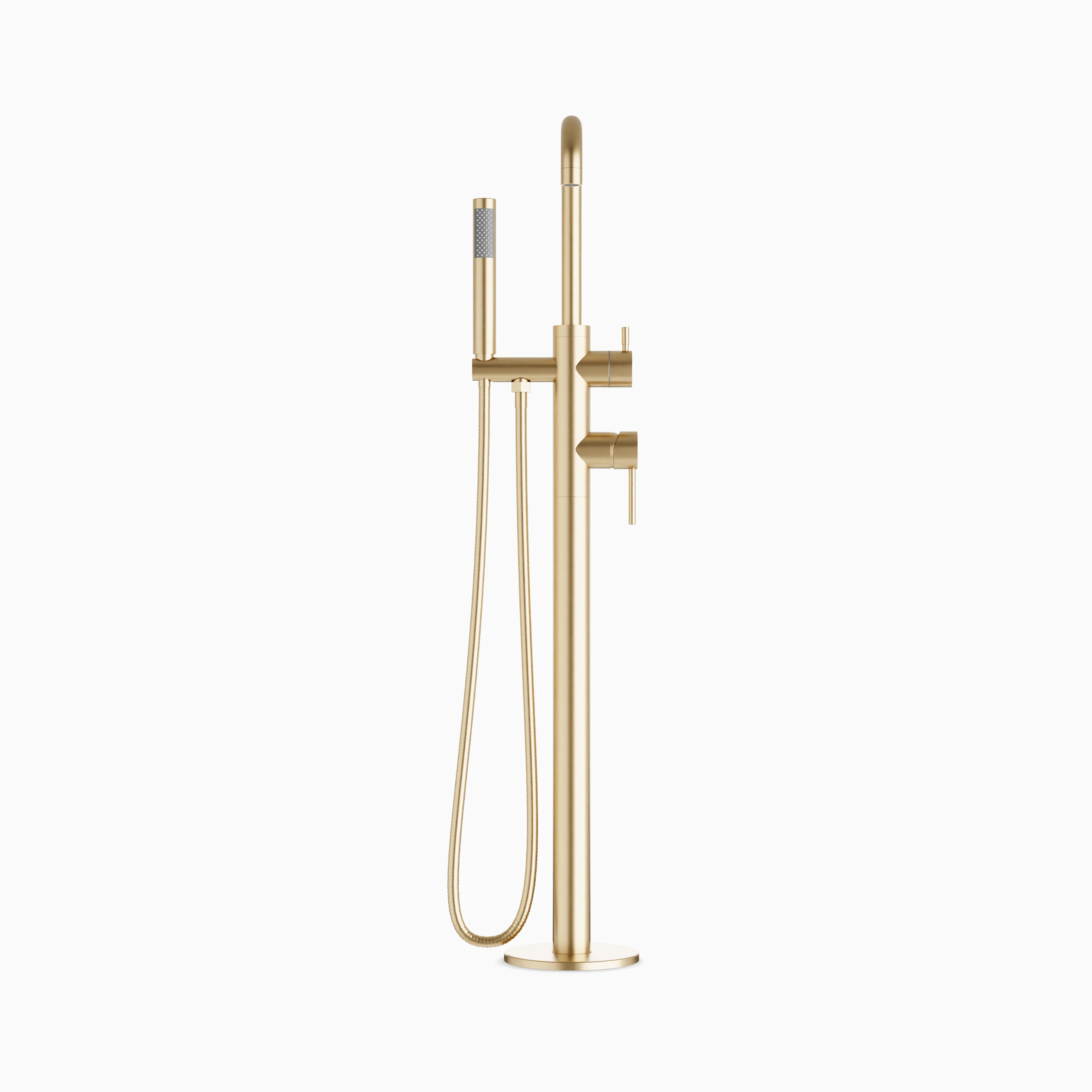 Alder Floor Mount Tub Filler Trim Kit with Low Spout & Hand Shower in Satin Brass - Image 2