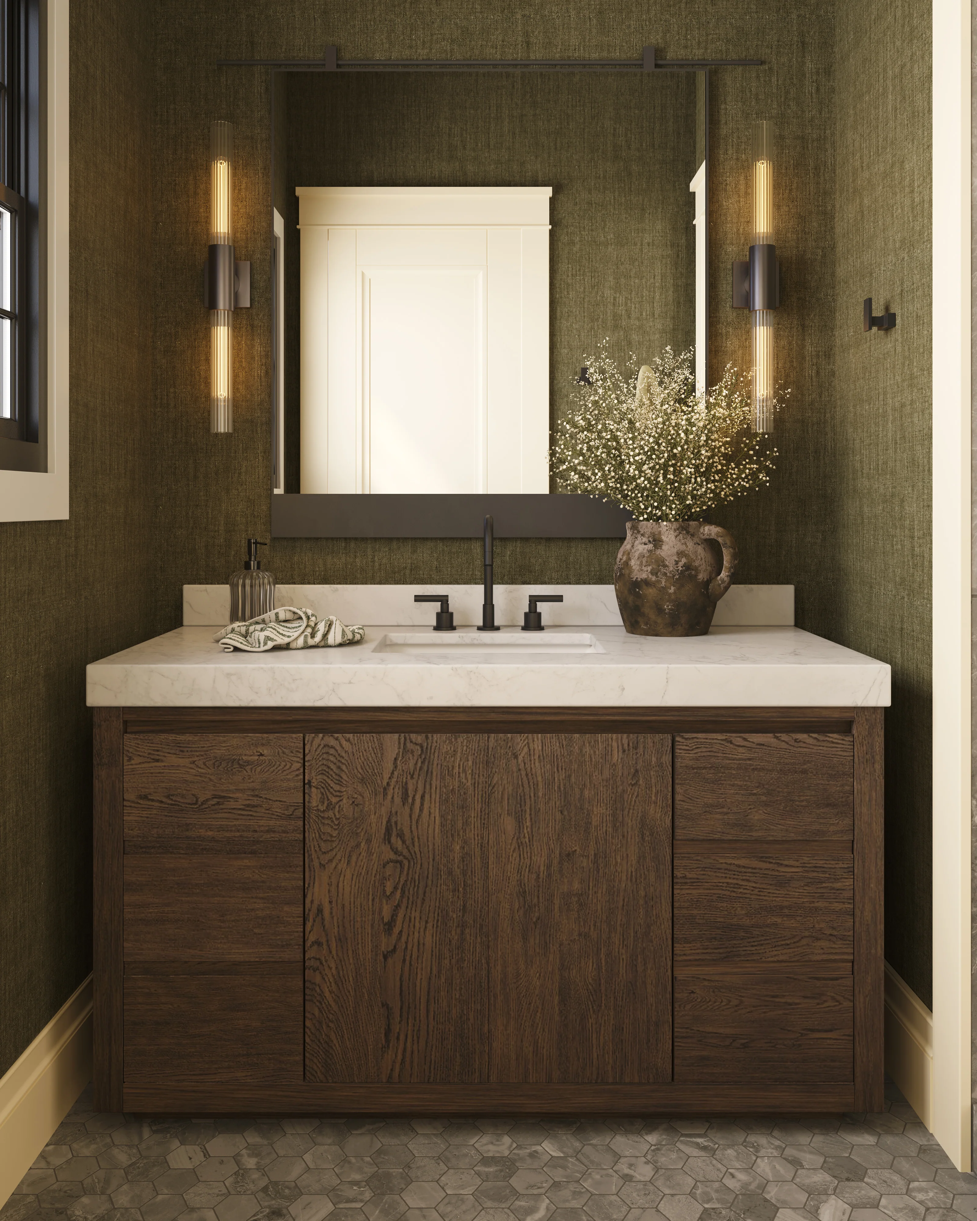 Alisa 55" Single Vanity in Satin Espresso Oak Veneer with Carrara Marble Top - Image 2