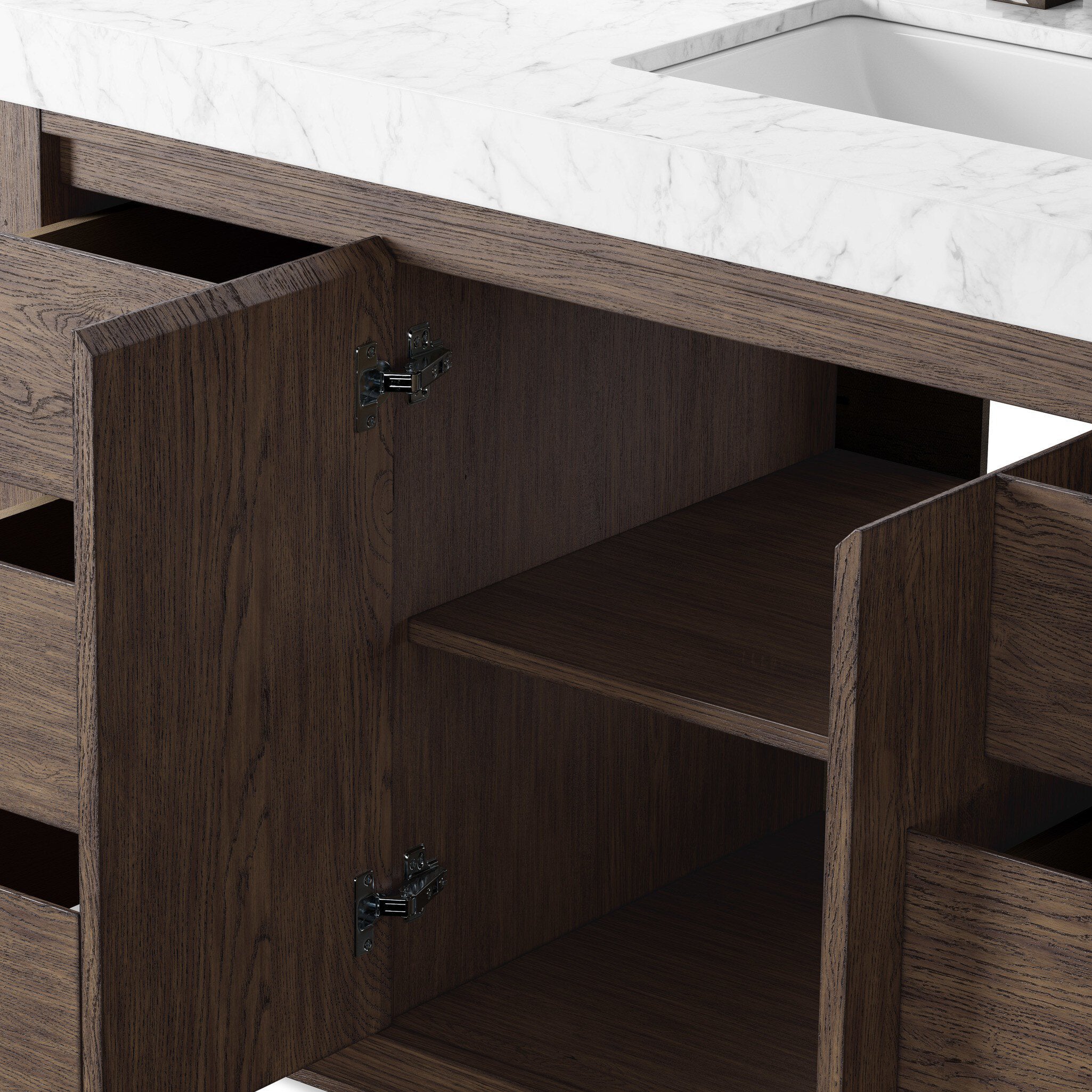 Alisa 55" Single Vanity in Satin Espresso Oak Veneer with Carrara Marble Top - Image 9