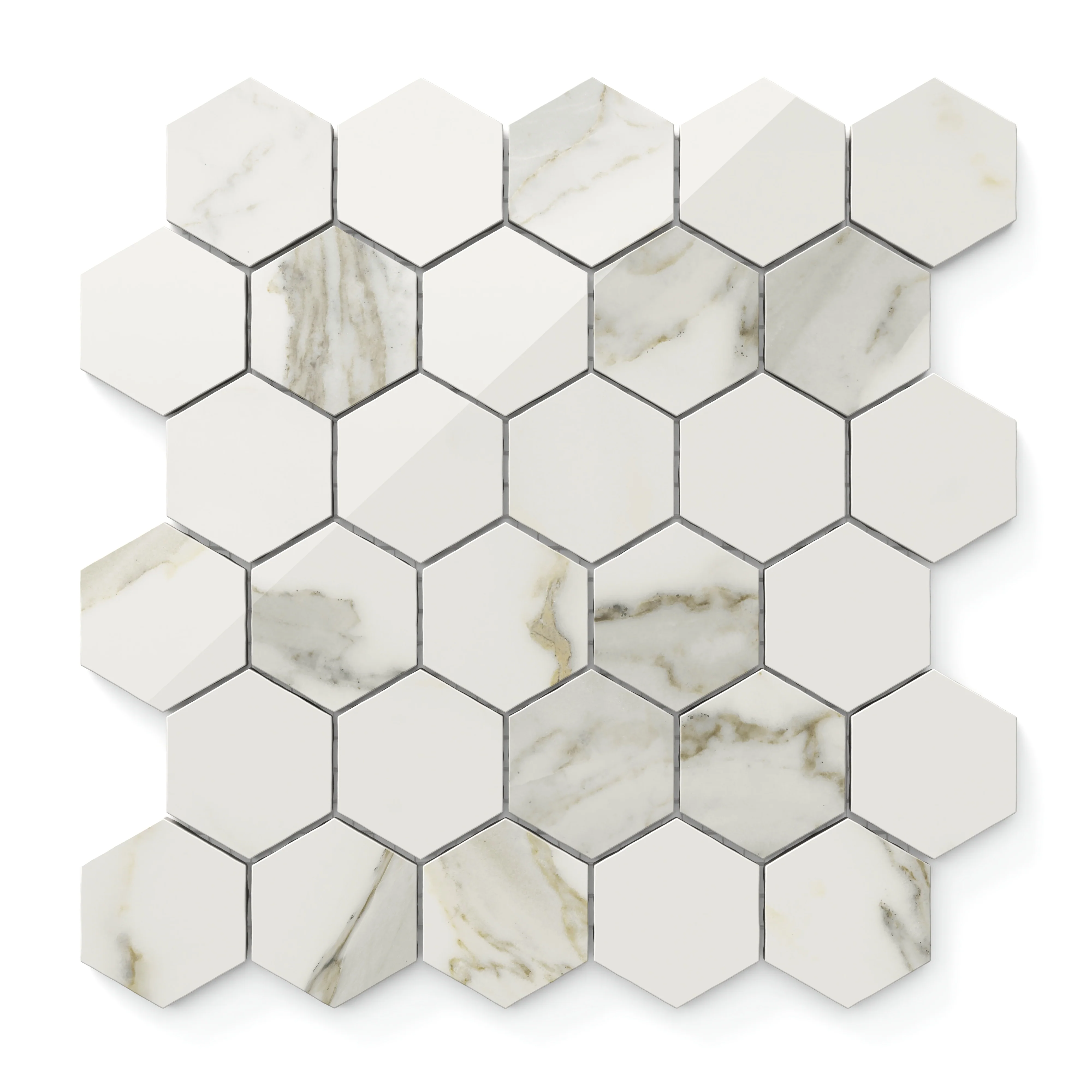 Aniston 2 x 2 Polished Porcelain Hexagon Mosaic Tile in Calacatta Top