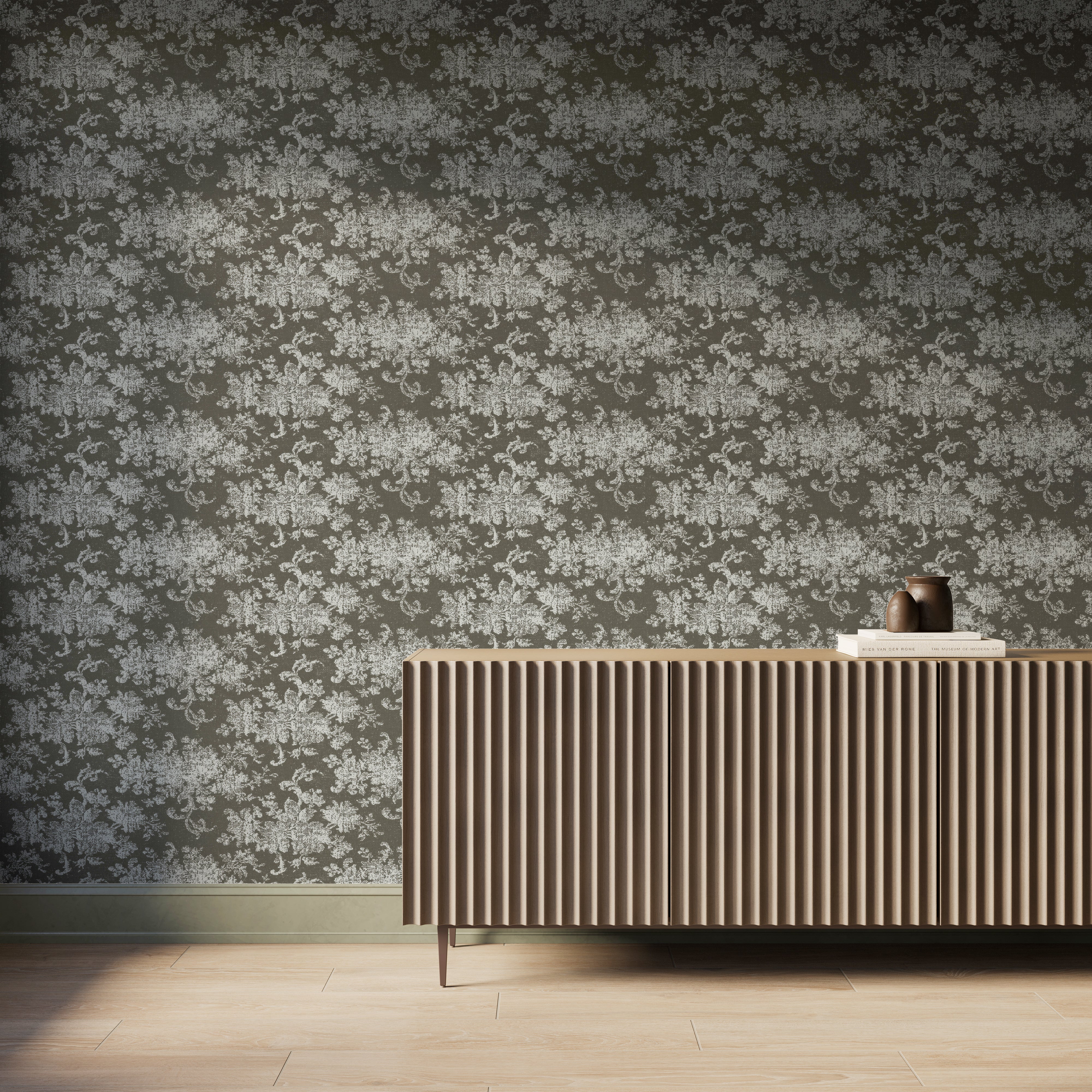 Brocade Wallpaper in Olive I, 52" x 132" - Image 2