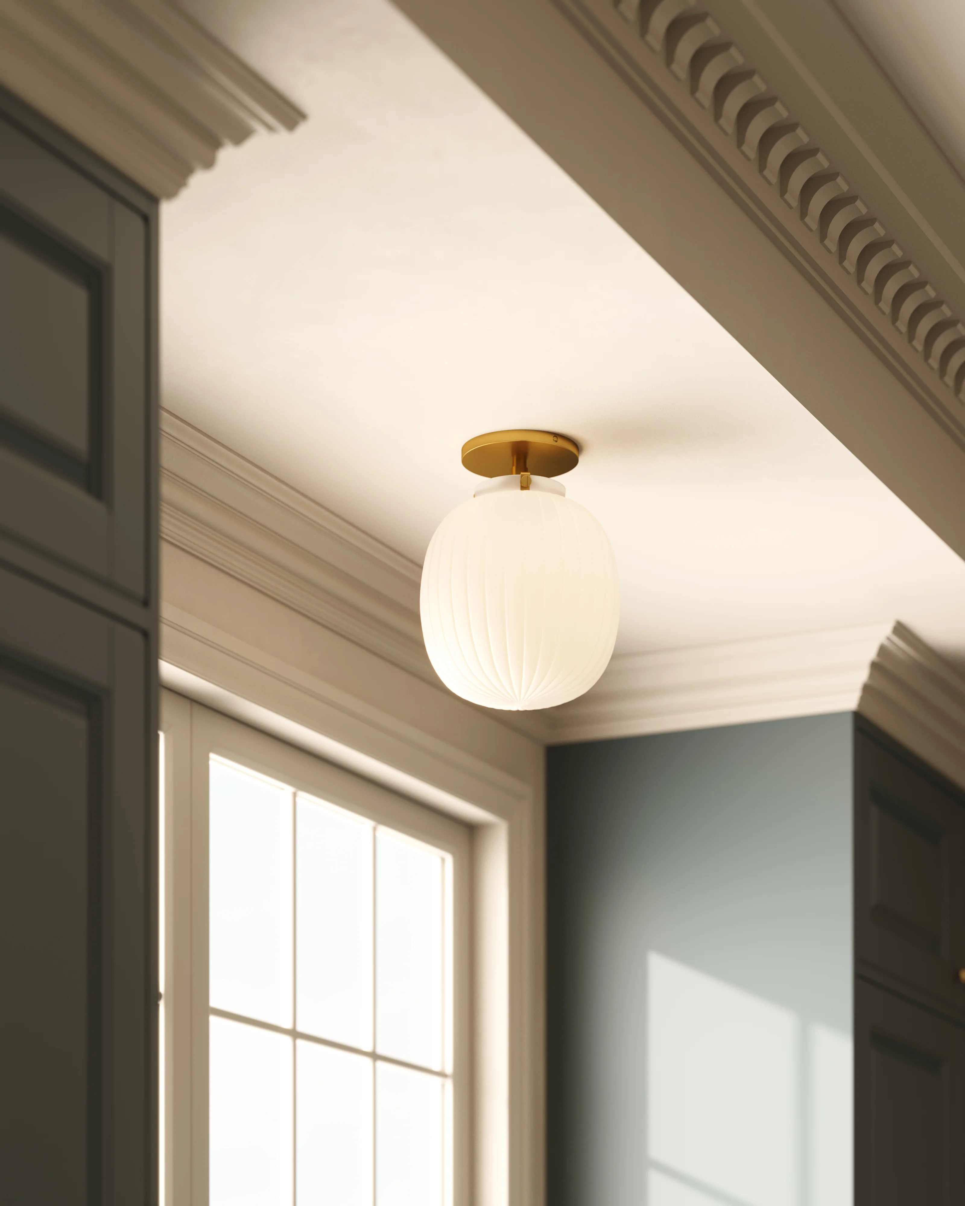 Cheyenne 12" Socket Semi-Flush Mount in Brushed Gold/Glossy Ribbed Opal Glass - Image 2