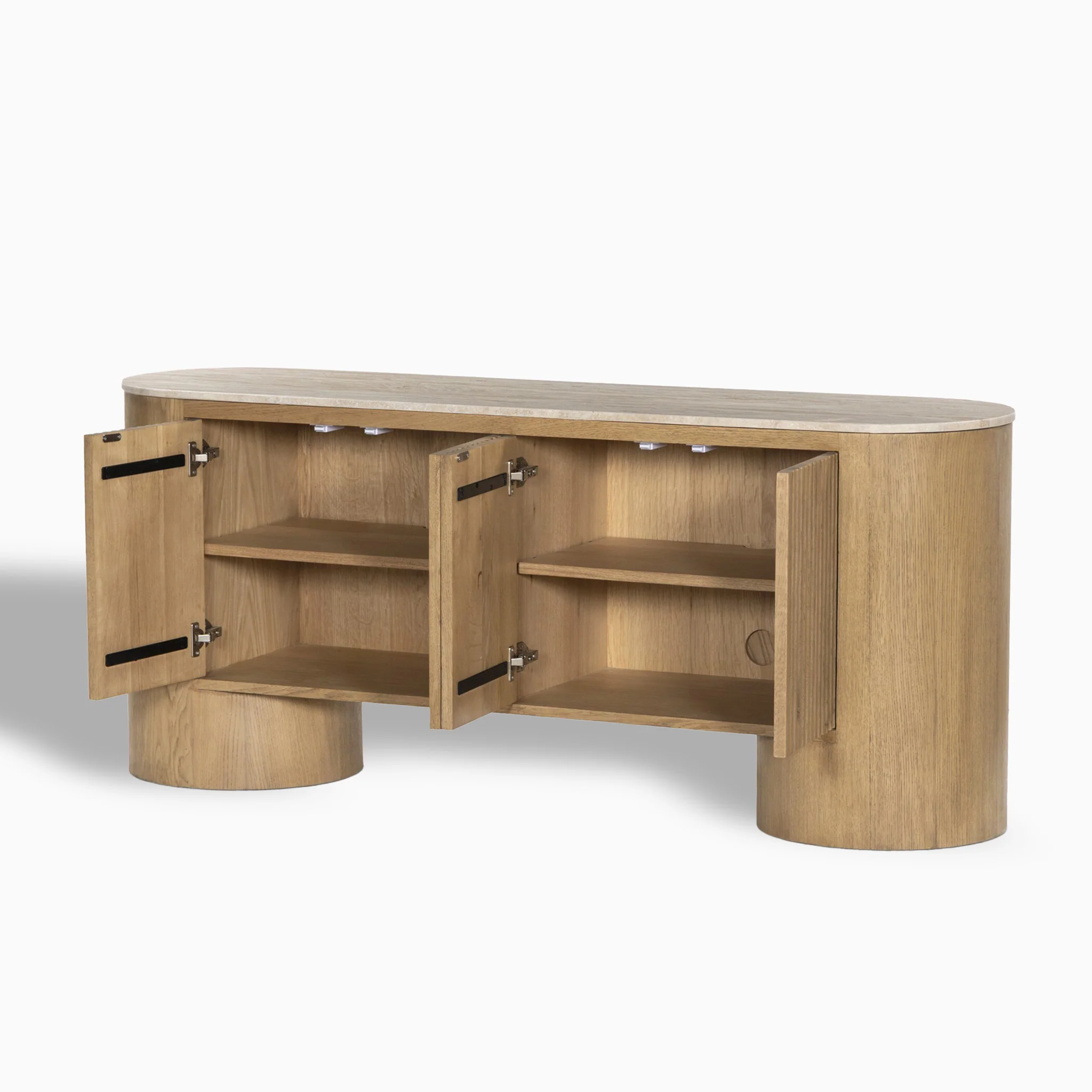 Fannin Media Console in Natural Light Oak Veneer with Natural Travertine Top - Image 5