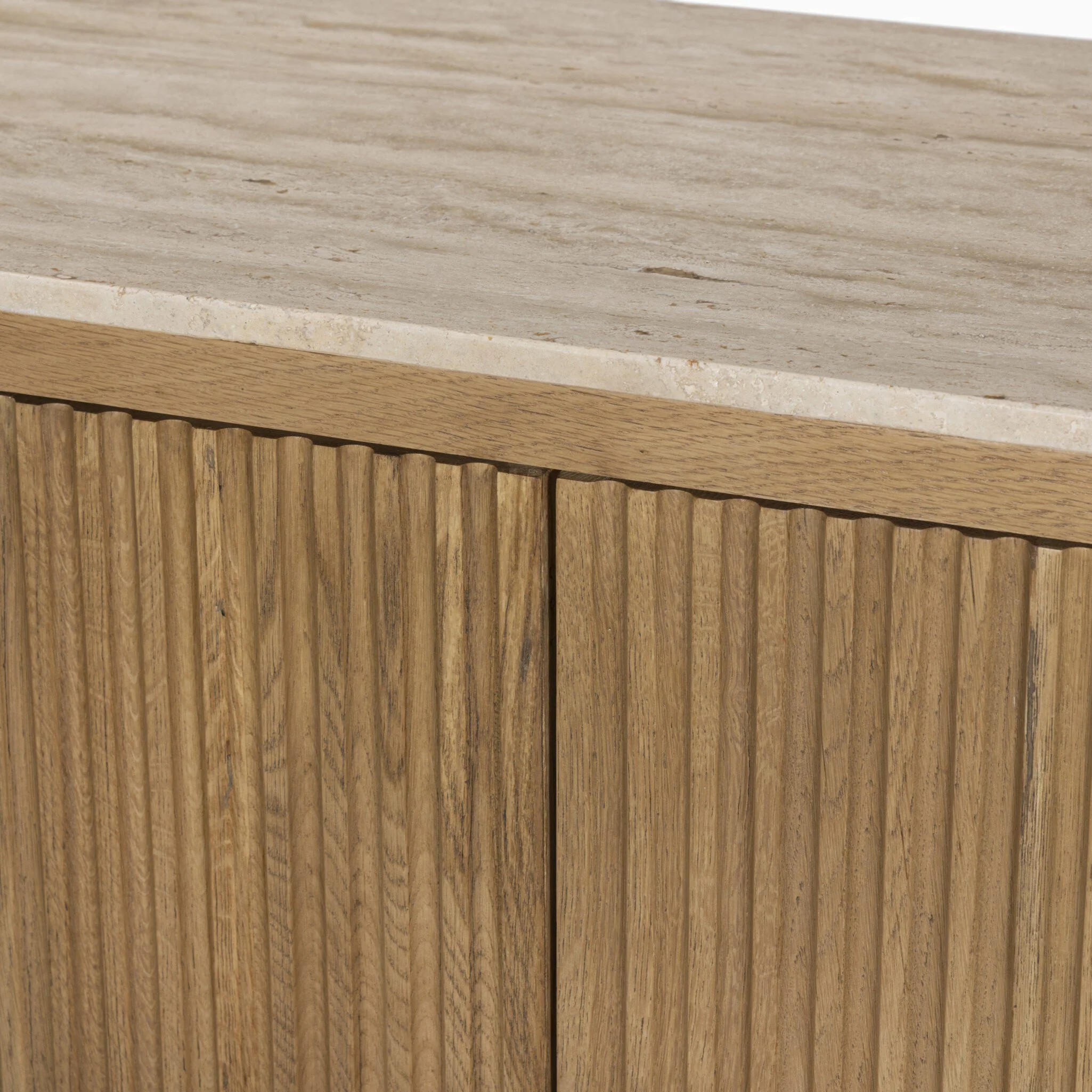 Fannin Media Console in Natural Light Oak Veneer with Natural Travertine Top - Image 7