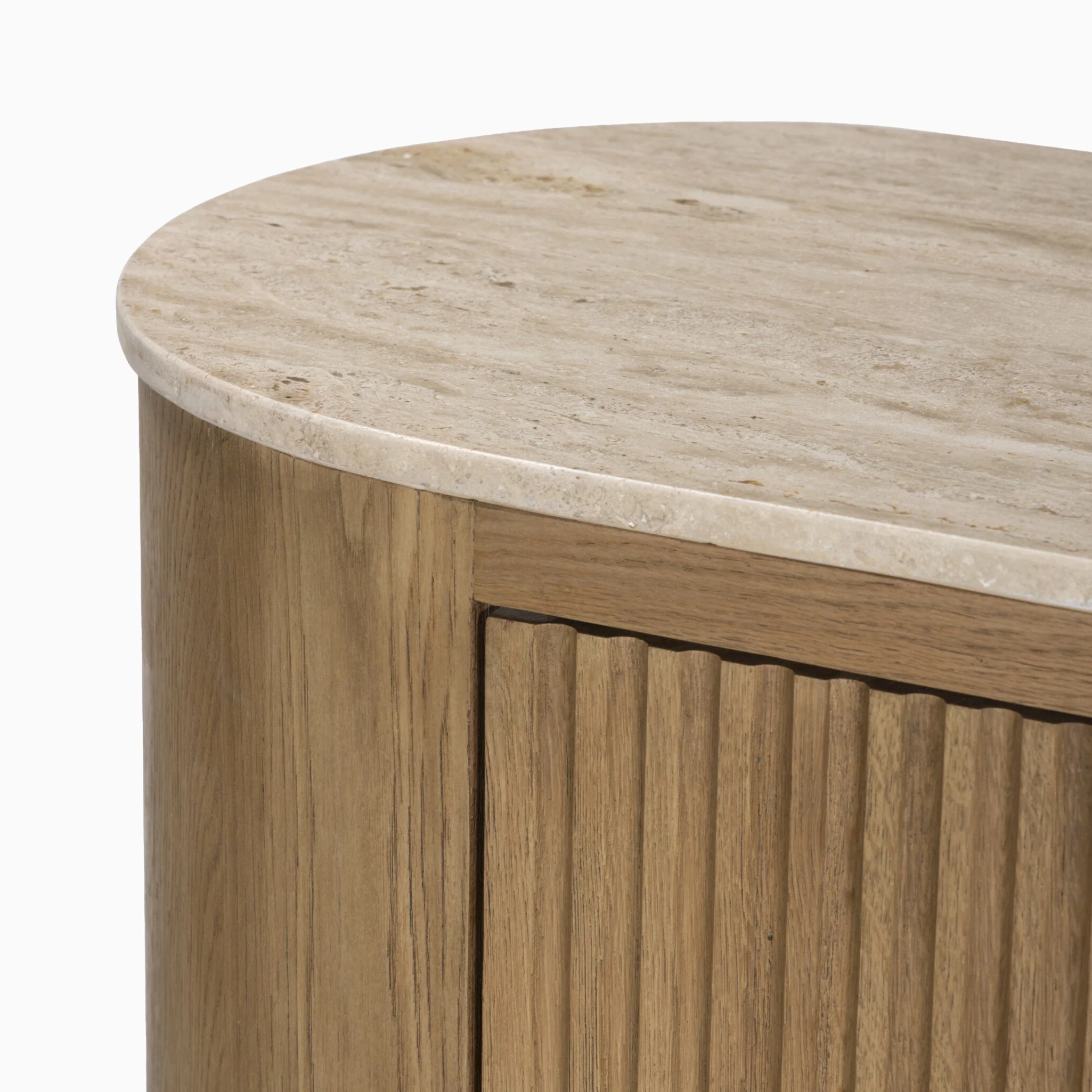 Fannin Media Console in Natural Light Oak Veneer with Natural Travertine Top - Image 9