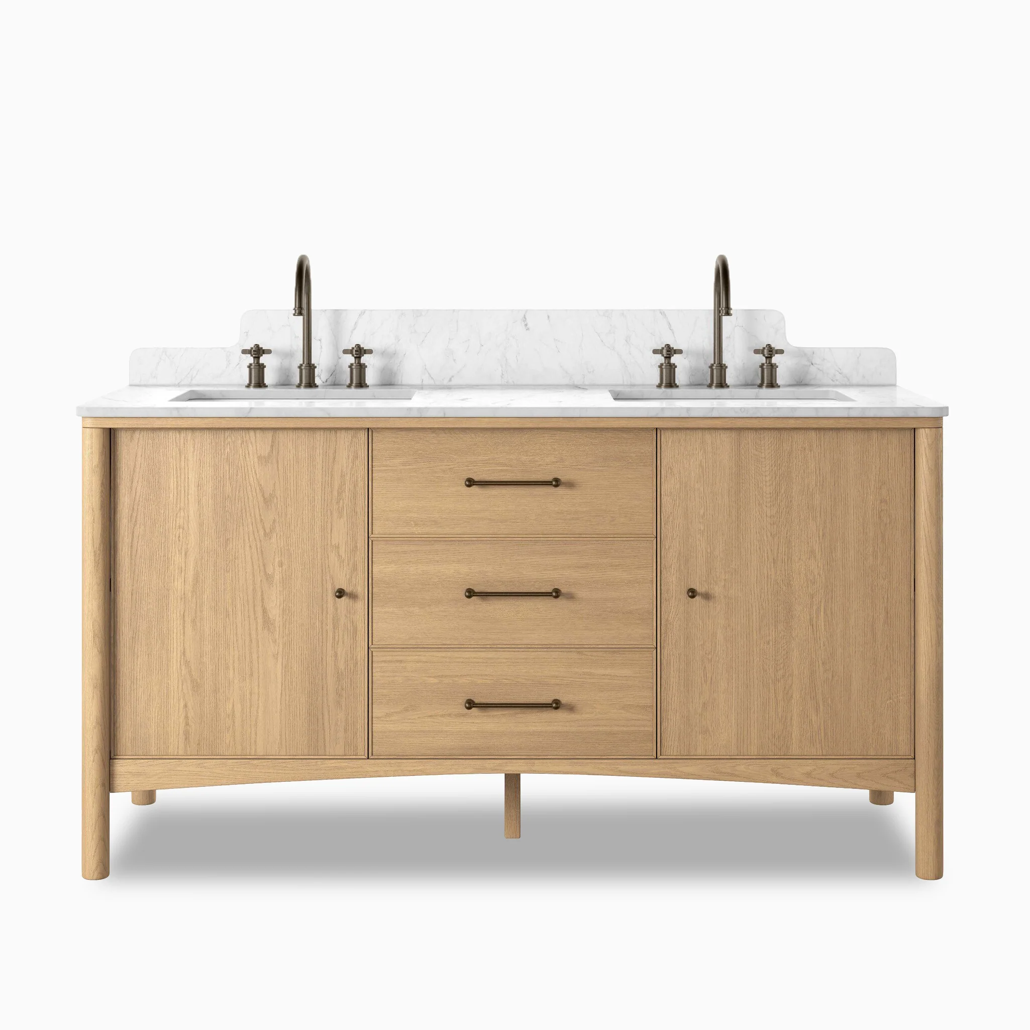 Heidi 60.5" Double Vanity in Satin Light Wash Oak Veneer with Carrara Marble Top