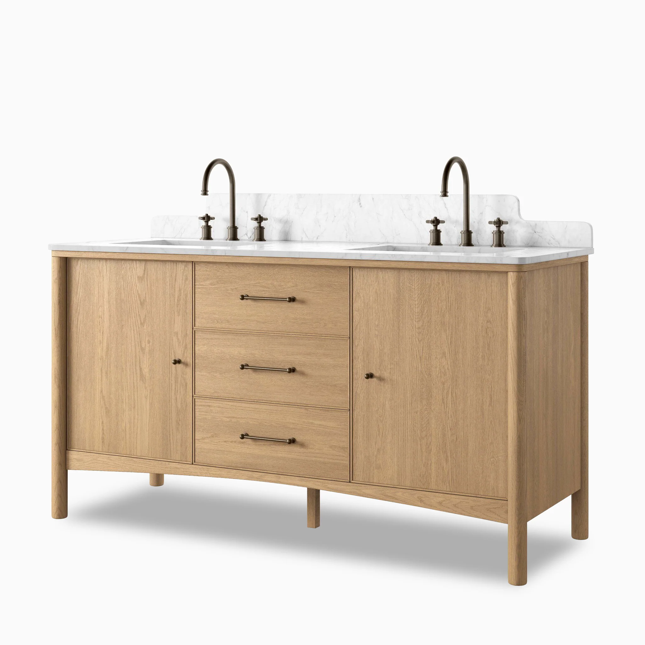 Heidi 60.5" Double Vanity in Satin Light Wash Oak Veneer with Carrara Marble Top - Image 2
