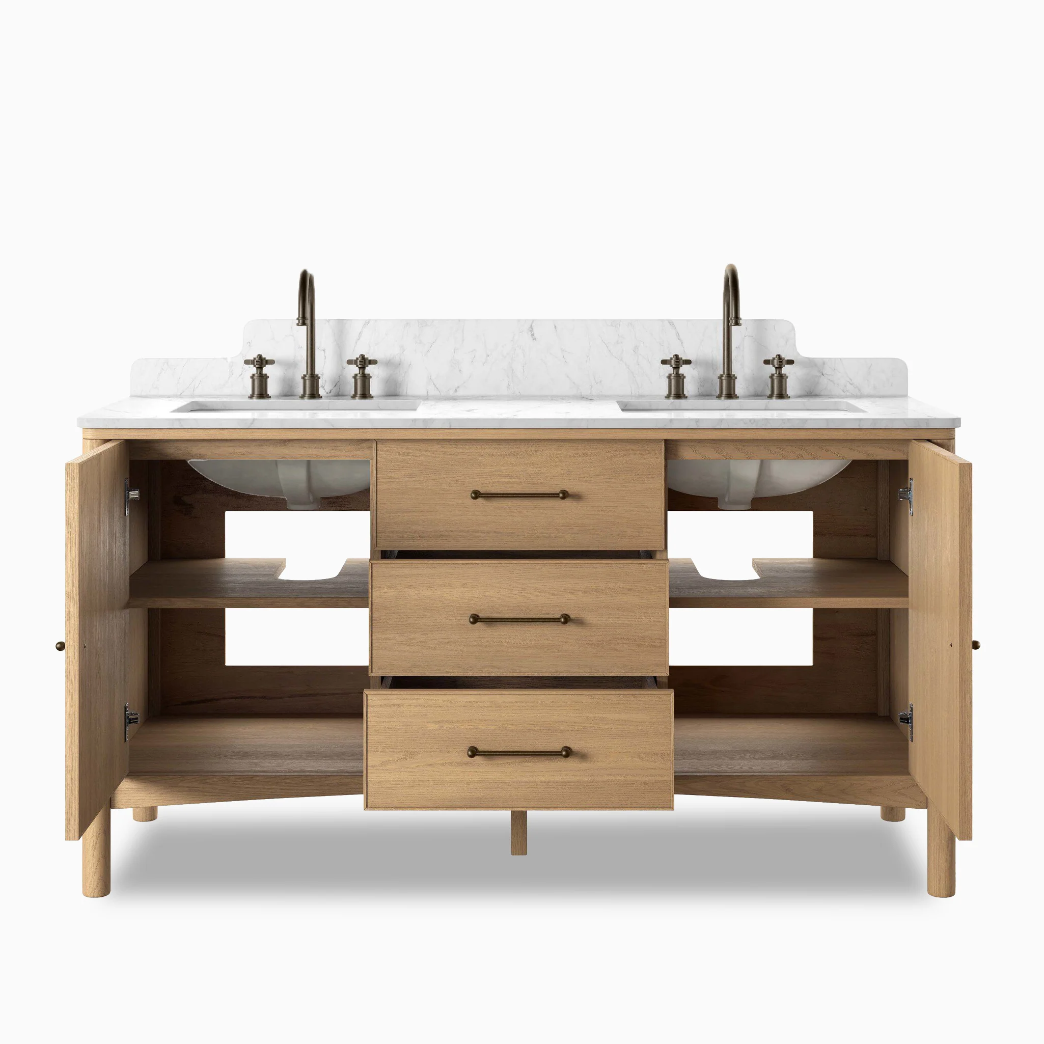 Heidi 60.5" Double Vanity in Satin Light Wash Oak Veneer with Carrara Marble Top - Image 4