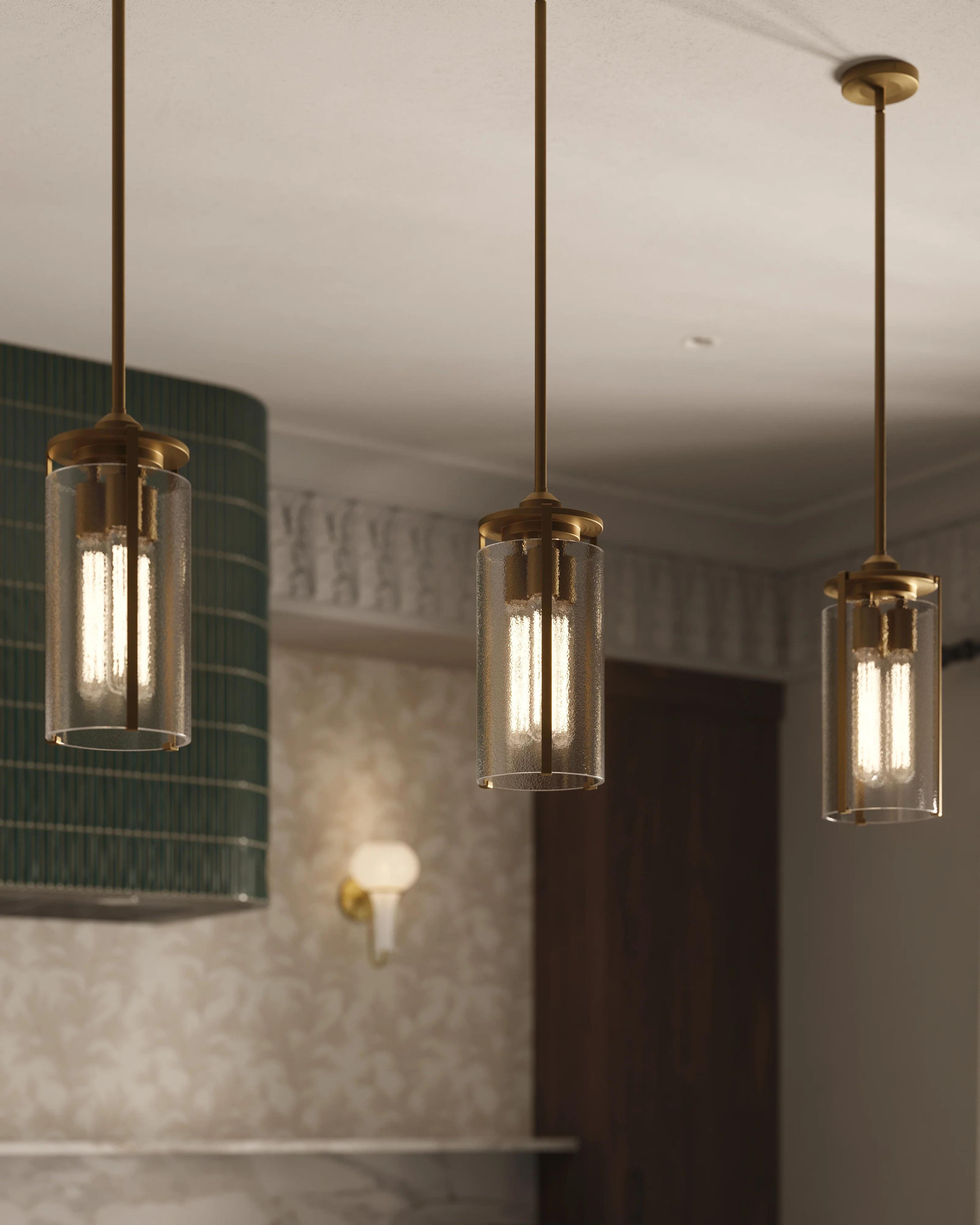 Howell 7" 3 Lights Pendant in Aged Gold/Clear Water Glass - Image 2