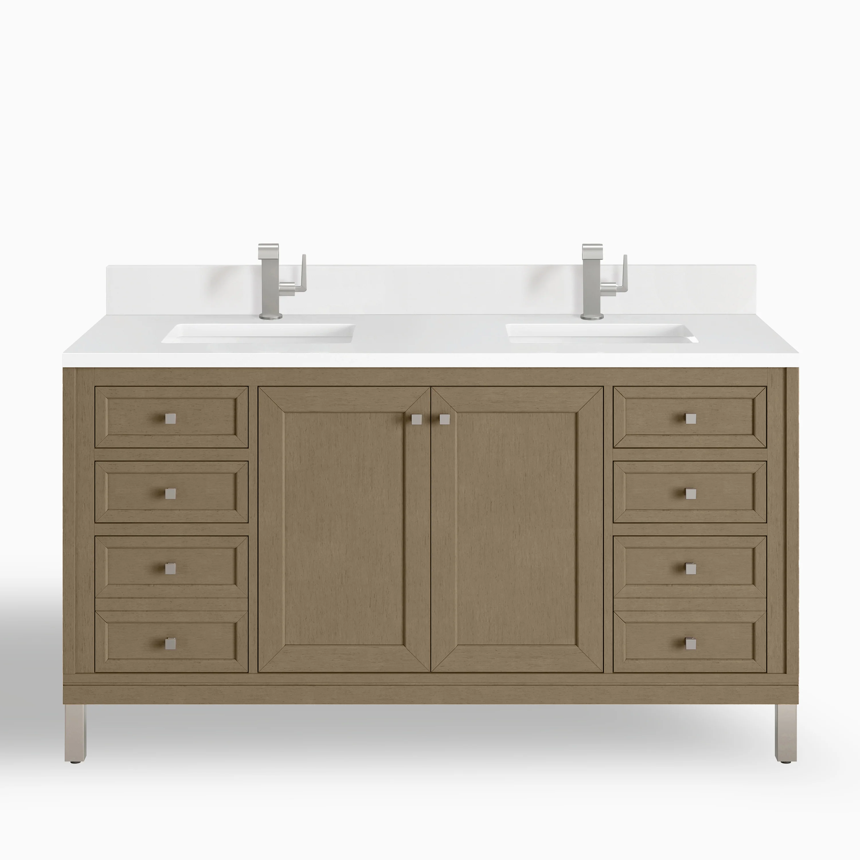 Janelle 60" Double Vanity in Walnut Whisper with Single Hole 3cm White Zeus Silestone Top & Backsplash