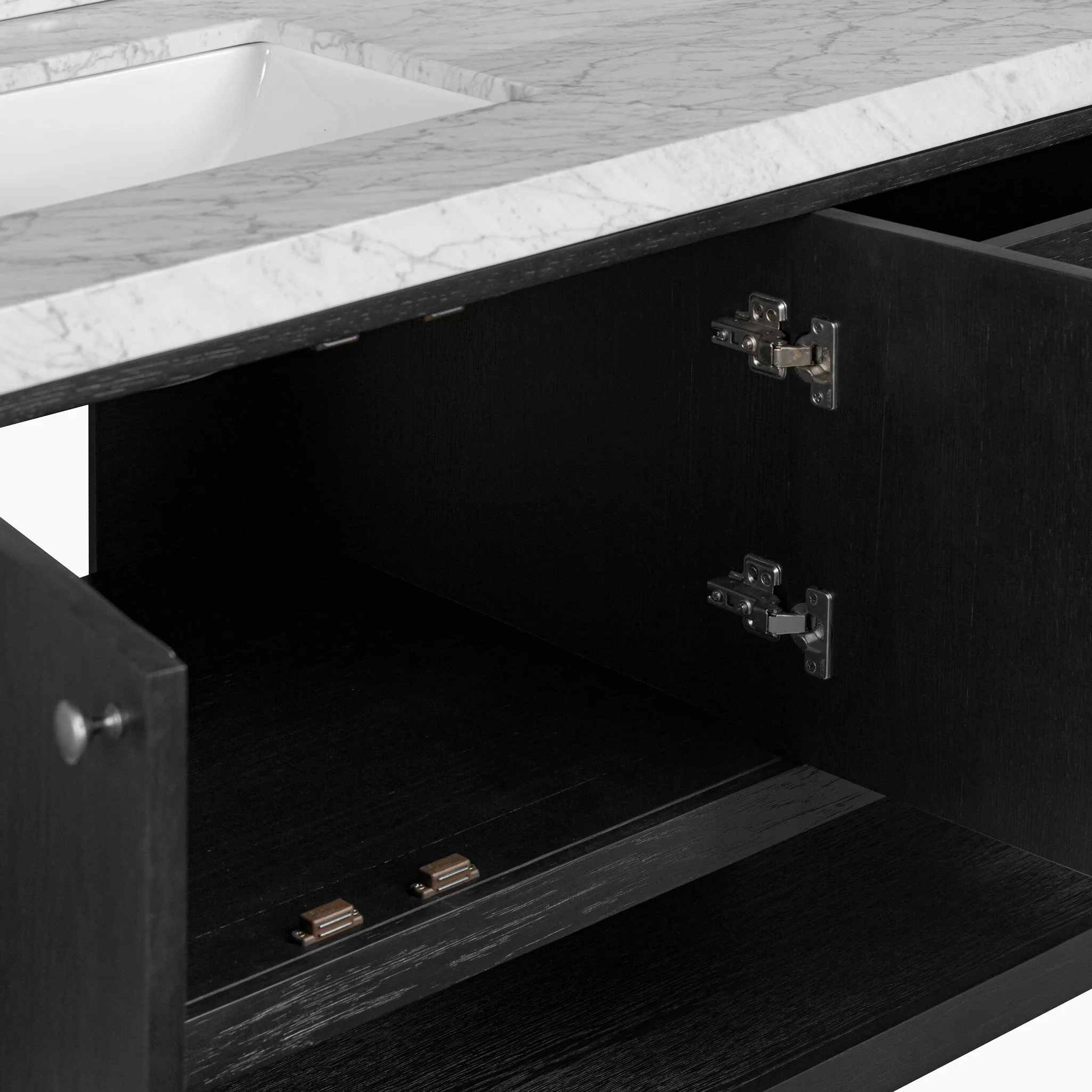 Maxine 72" Double Vanity in Black Wash Oak Veneer with Carrara Marble Top - Image 12