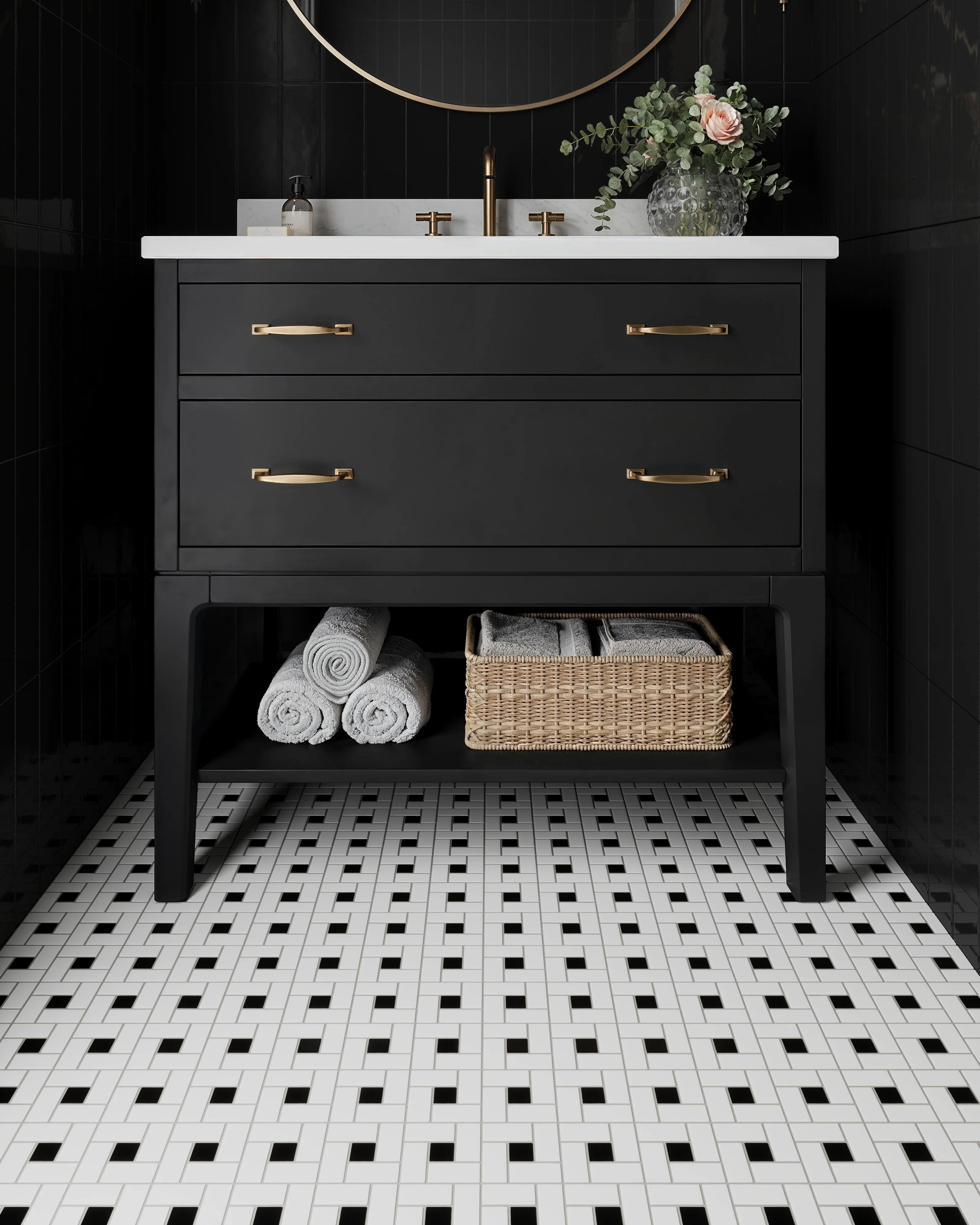 Quinn 12 x 12 Matte Porcelain Pinwheel Mosaic Tile in Black & White Mix - Image 2