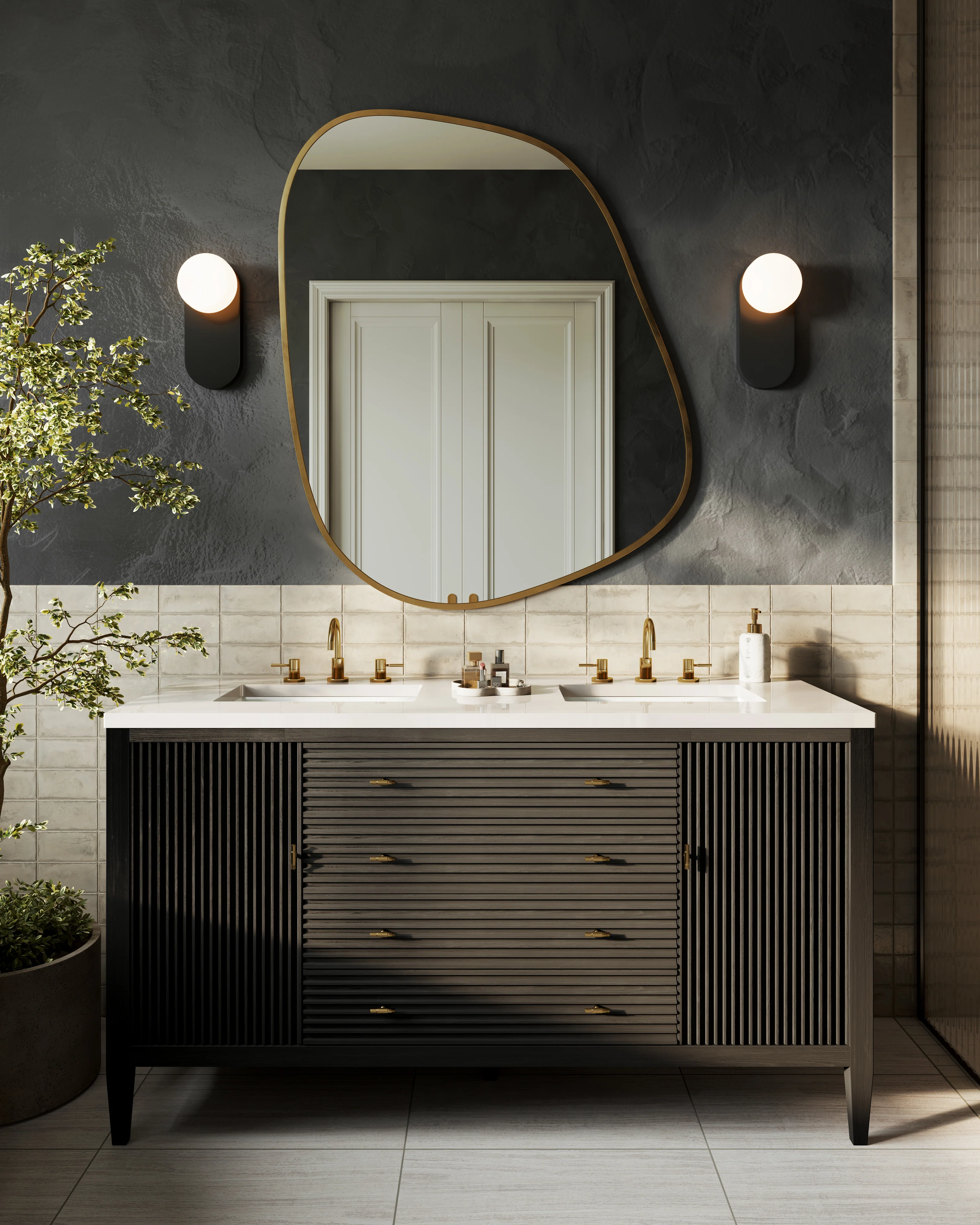 Sasha 60" Double Vanity in Carbon Oak with 3 cm White Zeus Quartz Top - Image 2