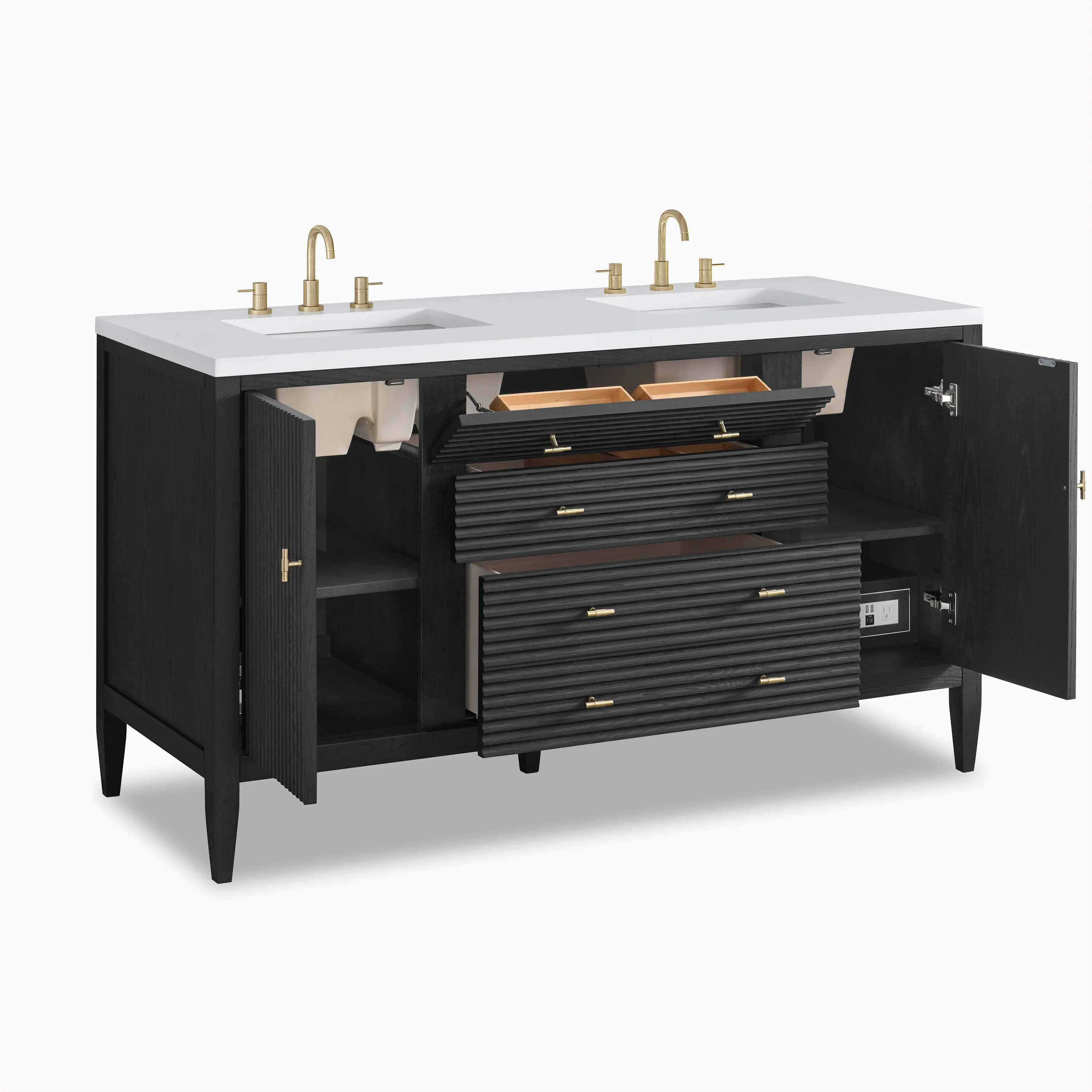 Sasha 60" Double Vanity in Carbon Oak with 3 cm White Zeus Quartz Top - Image 4